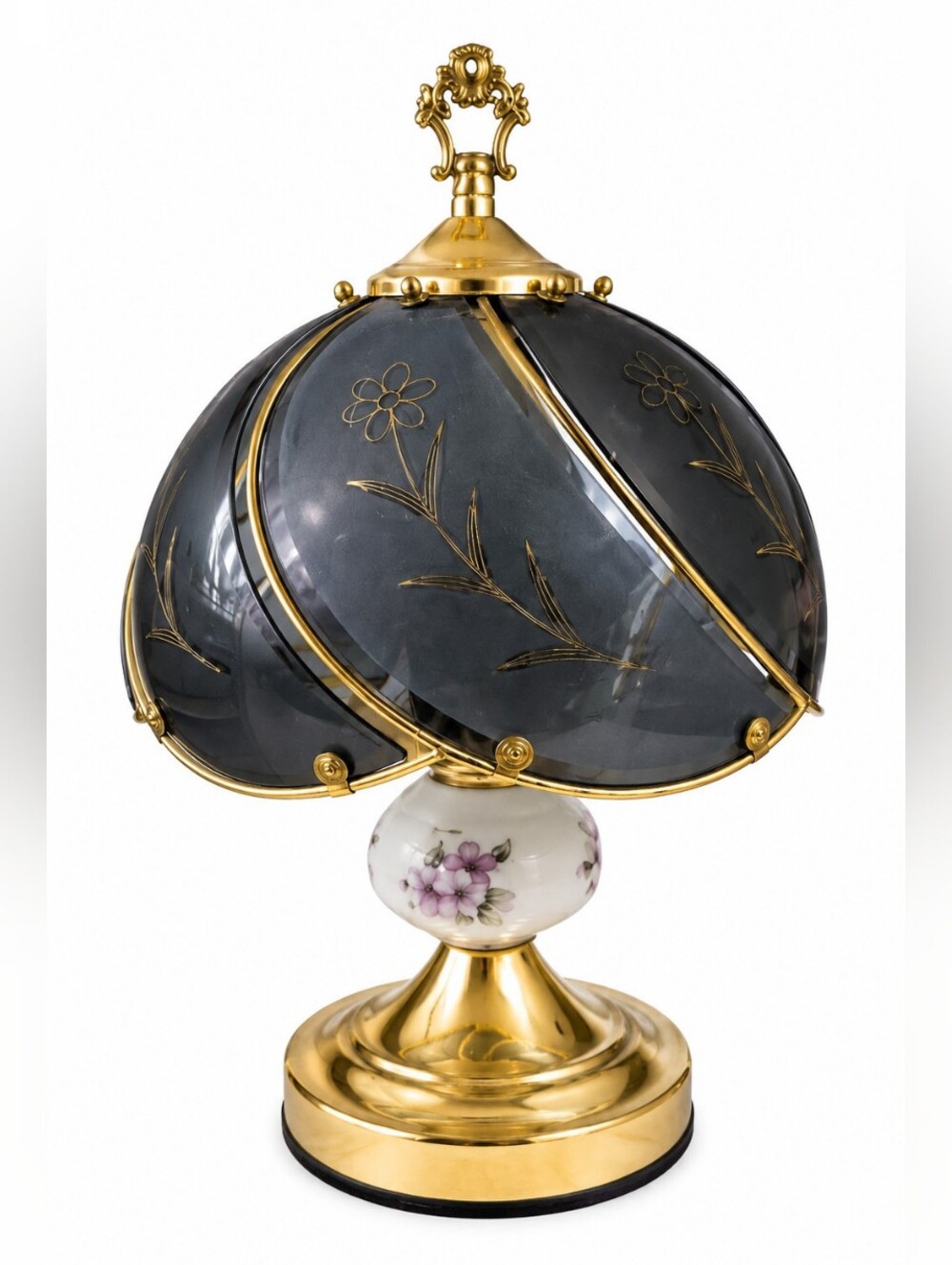 Vintage Brass Table Lamp Smoked Glass Floral Shade Porcelain Accent Hollywood